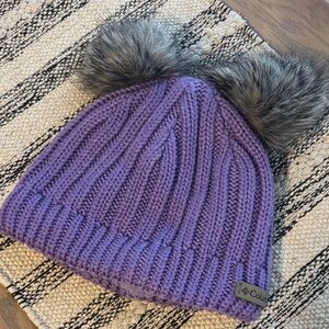 Columbia Kids Purple Knit Hat with Gray Pom Poms - kids O/S